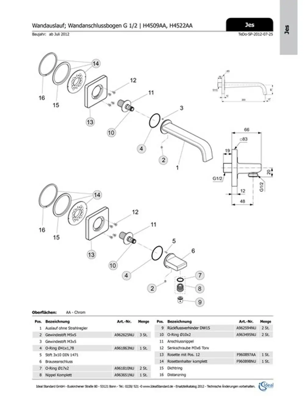 IDEAL STANDARD Wandanschlussbogen mit verschiedenen Komponenten und Zubehörteilen, abgebildet in einem technischen Explosionsschema mit nummerierten Positionen.